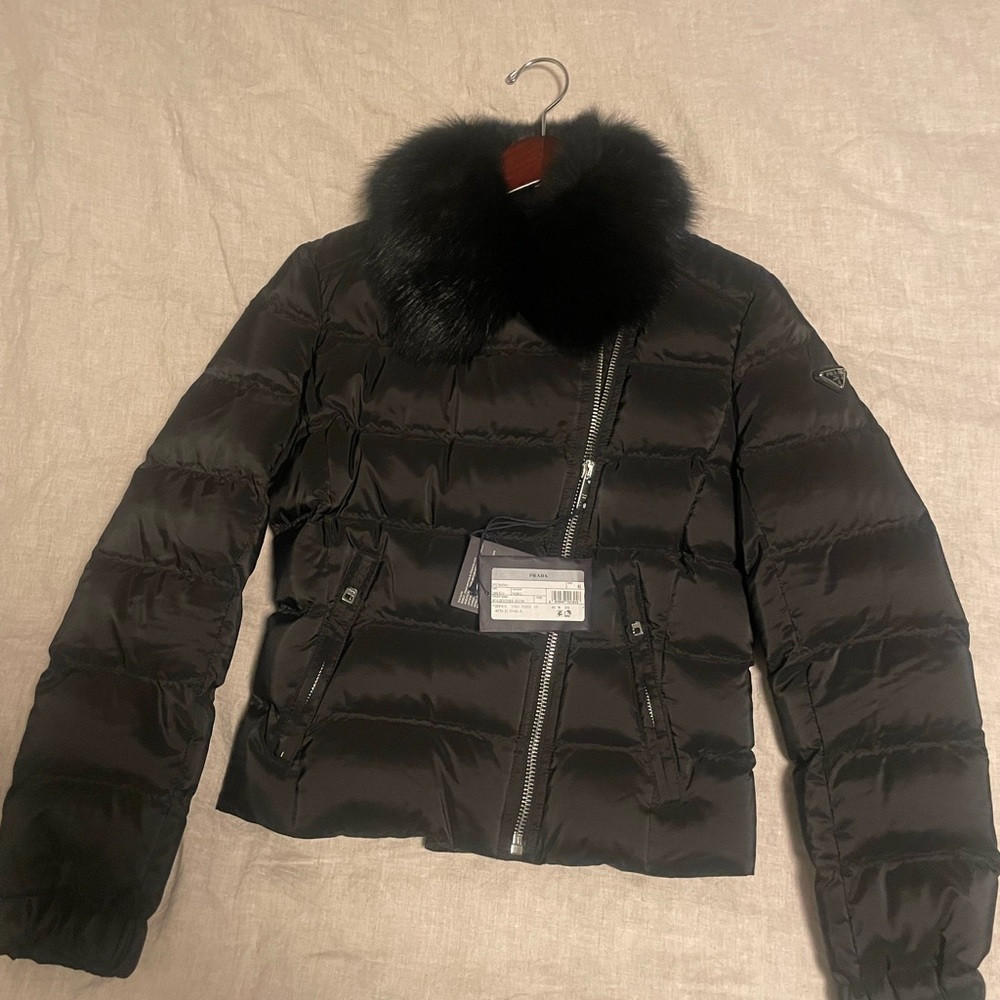 Prada Black Puffer Jacket with Fur Trim